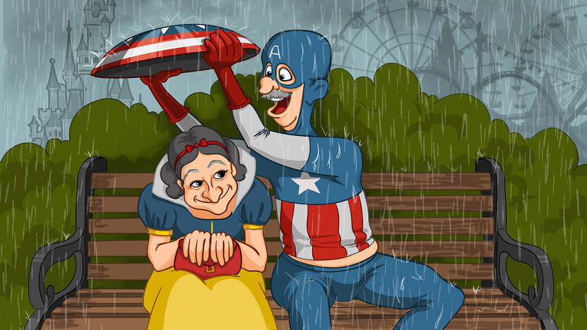 A drawing of Captain America using his shield to cover snow white from getting wet