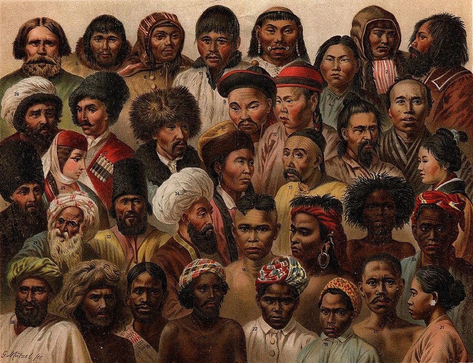 A colourful image depicting people from different parts of the world and of different cultures,only their heads and upper torso are shown in their traditional attire.