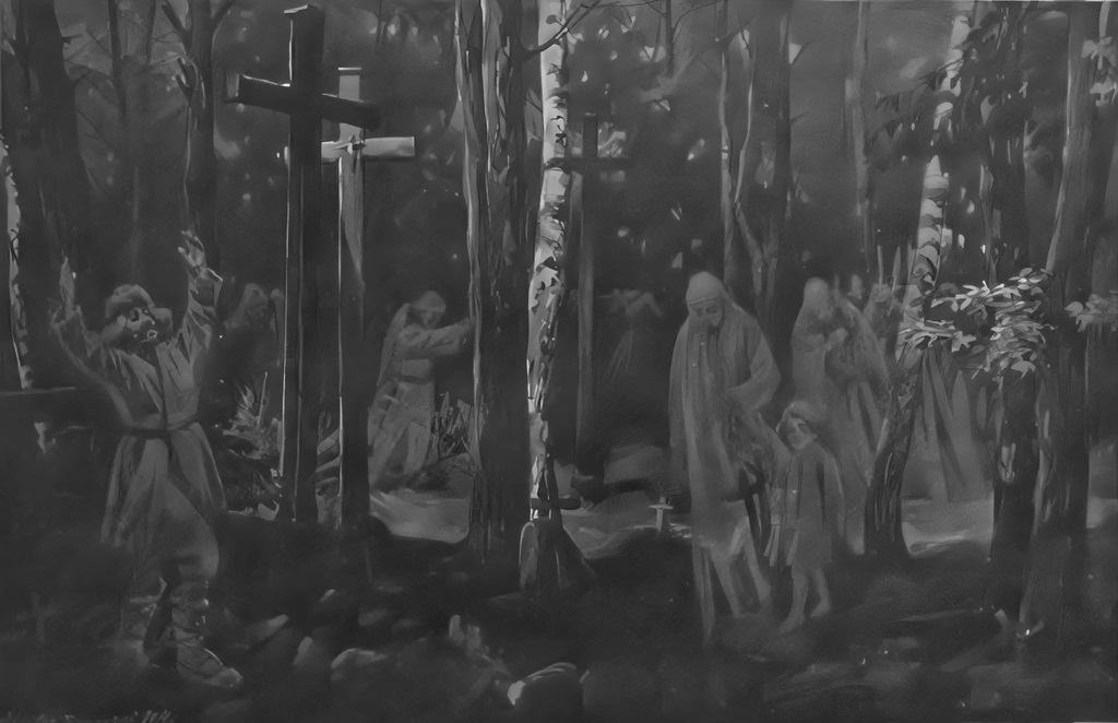 Black and white depiction of cemetery on dziady's night by Stanislaw Bagenski.