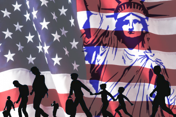 siluet imigran di depan latar belakang bendera AS
