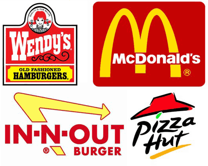 Картинен колаж от четири лога на ресторанти за бързо хранене: Wendy's, McDonalds, In-N-Out Burger и Pizza Hut