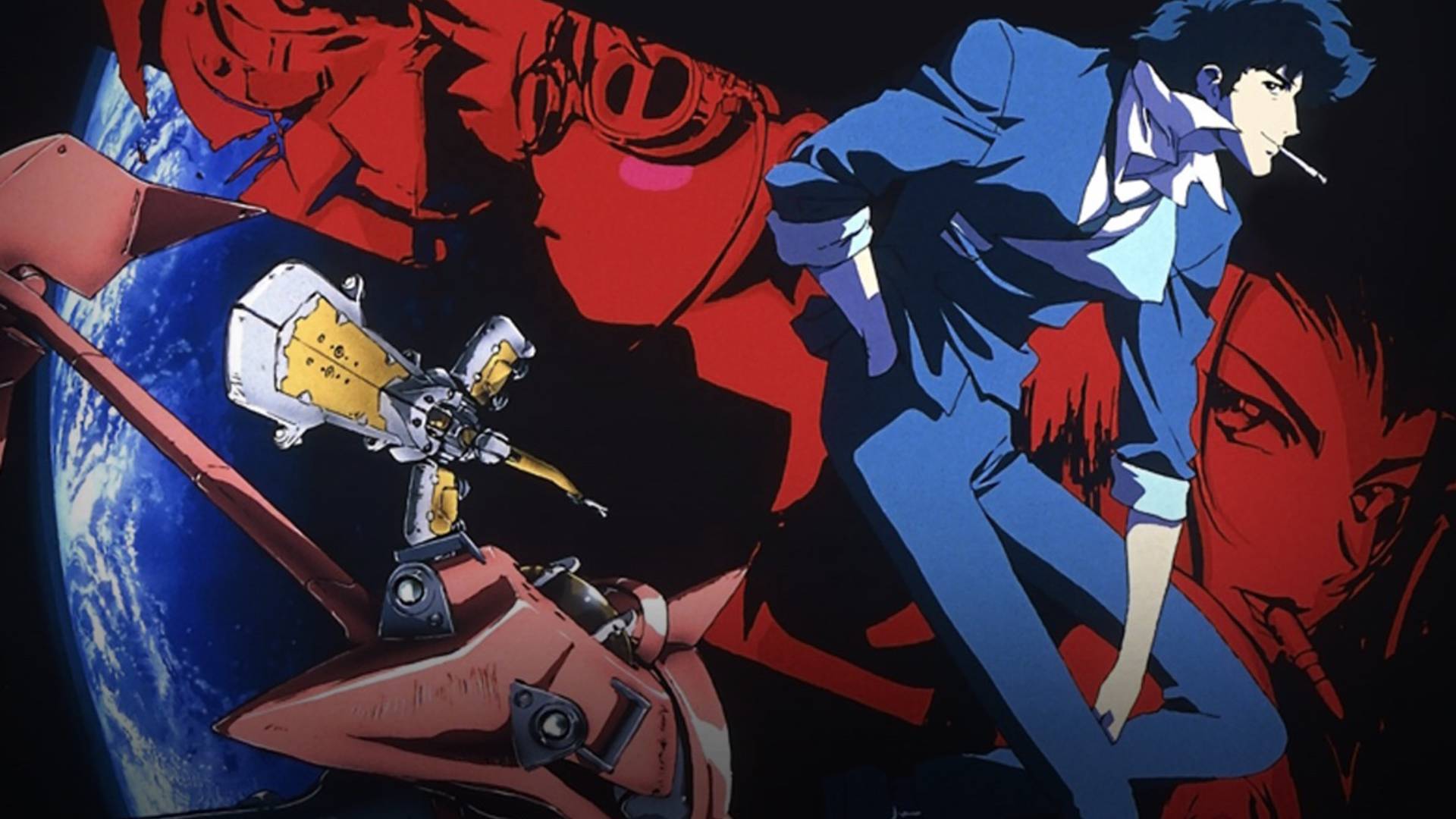 an image dominated by colours of red and blue; embedded images of earth, spaceship, Cowboy bebop characters in red frame and lastly Spike at the right side of the image as the biggest figure in his blue suit posing with his cigarette between his lips