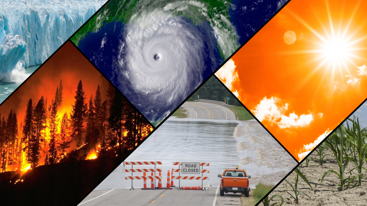 Een collage van typische klimaat- en weergerelateerde gebeurtenissen: overstromingen, hittegolven, droogte, orkanen, bosbranden en verlies van gletsjerijs.