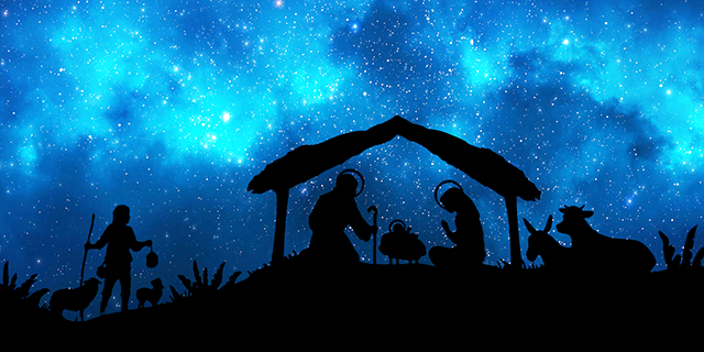 Силуетно представяне на сцената на Рождество Христово на фона на синьо звездно небе