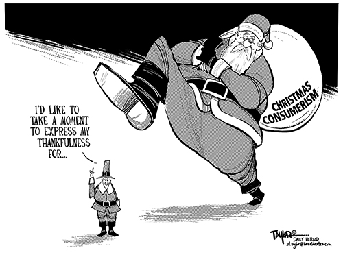 En tegneserie af en kæmpe julemand, der holder en sæk med teksten 'Christmas consumerism' og træder på en lille nisse, der udtrykker tak
