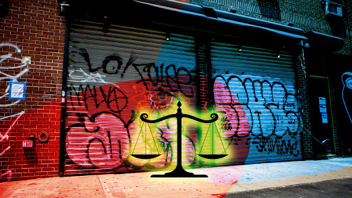 Graffiti på en garageport med en gul glødende retfærdighedsskala overlejret på toppen