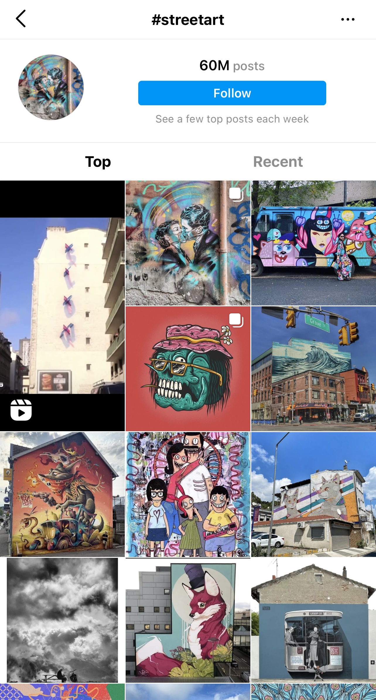 Instagram-udforskningsside for hashtagget 'streetart'