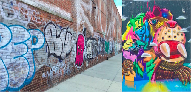 Две колажирани изображения на улични графити, едно от тъпи следи от графити, гравирани върху тухлена стена, и по-цветно живо произведение на изкуството