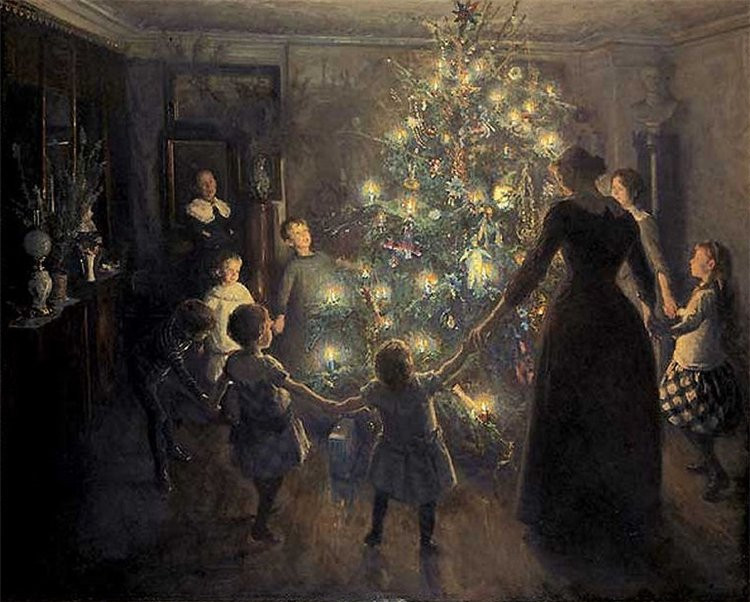 En kunstners skildring af en familie, der holder i hånd og danser omkring deres veloplyste og pyntede juletræ.