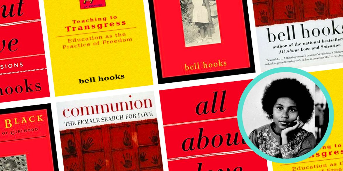 yellow and red dominant books by Bell Hooks aligned in two rows, on the right corner bell hooks picture in balck and white