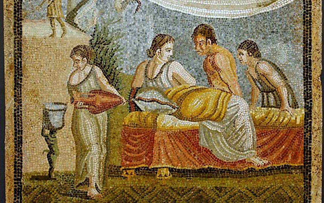 An Ancient Rome art piece depicting two prostitutes in bed in a room with two men, ready for their encounter.