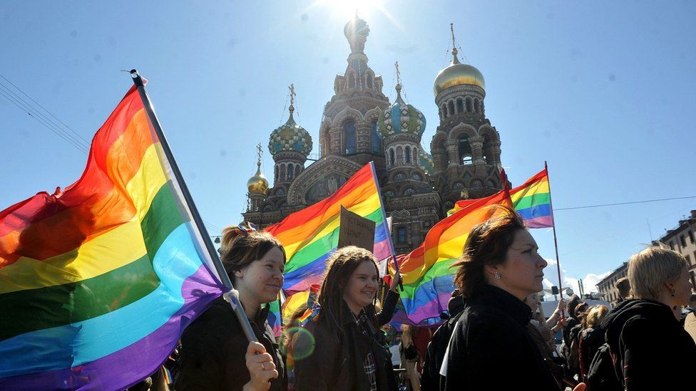 A photo of a group of LGBTQIA+ activists outside ofSaint Basils Church in Russia, holding rainbow flags in protest.