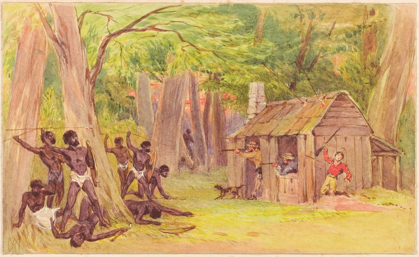 An artist's depiction showing Aboriginal and European settlers in a sight in Tasmania, Australia.