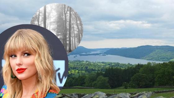 A photo of Taylor Swift next to an background of the green mountains in the Lake District.