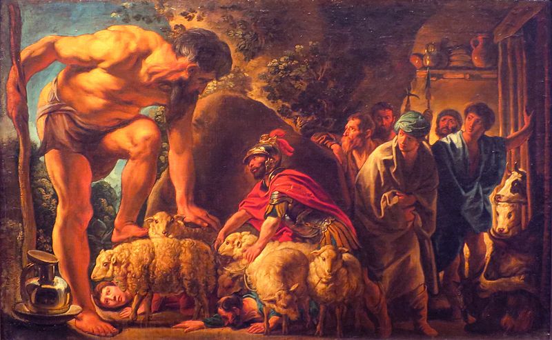 Image of Odysseus and his men cower beneath the mighty Cyclops.