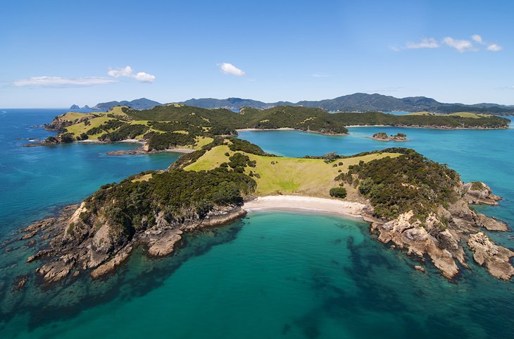 A photo of the blue water at the Bay of Islands, New Zealand.