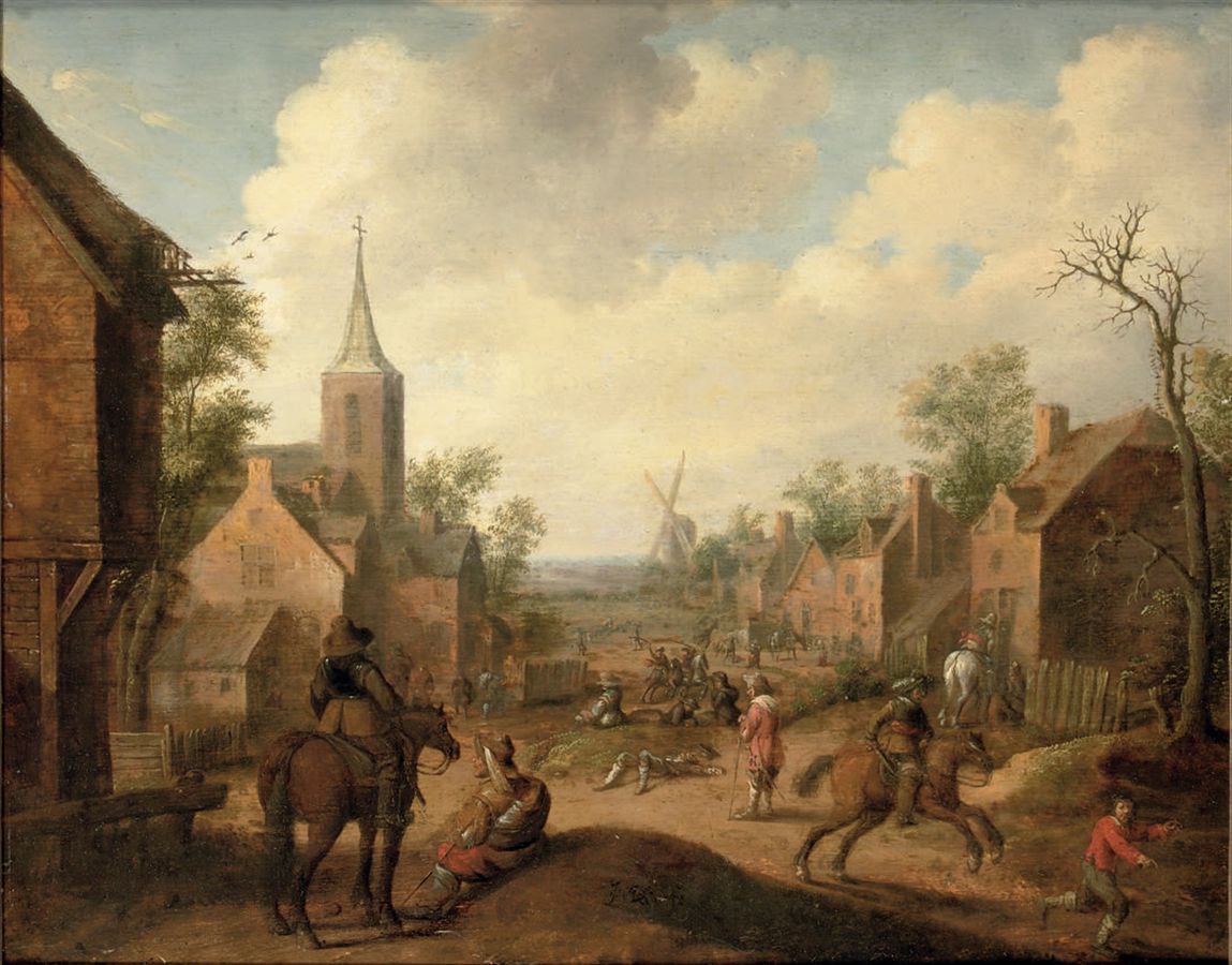 painting showing soldiers plundering a village