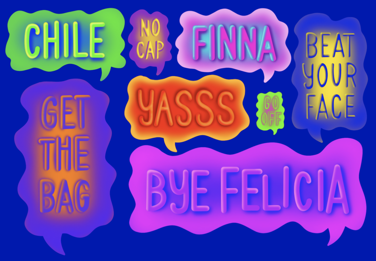 Several AAVE words are shown here in bright colored text bubbles against a blue background