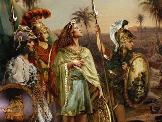Een kunstenaarsafbeelding met vier oude vrouwelijke krijgers.