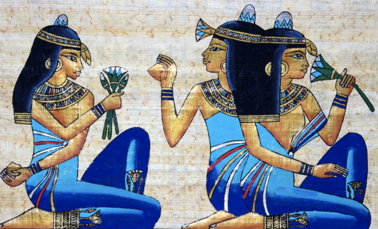 Egyptian art depicting three ladies wearing blue carrying blue lotuses