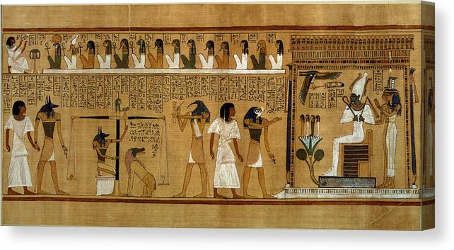 En mand står foran den sjakalhovede gud Anubis, som vejer sine tidligere ugerninger op imod en fjer.