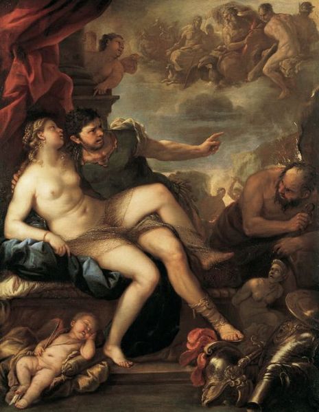 Smedguden Hefaistos trækker gardinet tilbage for at afsløre sin kone Afrodite og krigsguden Ares, der elsker.