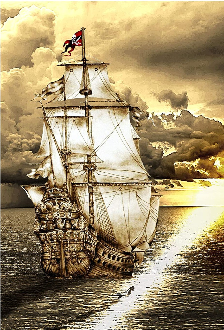 Forestillede sejl fra berygtede havangribere sejler til en smuk solnedgang i vandet på Amerikas territorium.
