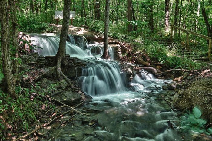 White Tail Trail in Parkville Nature Sanctuary with its waterfalls near Kansas City