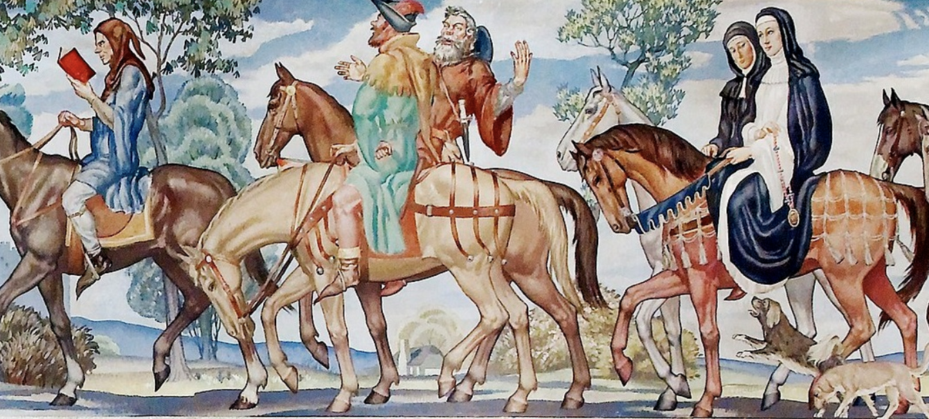 A colorful painting of the characters from Canterbury Tales riding on horses on the pilgrimage