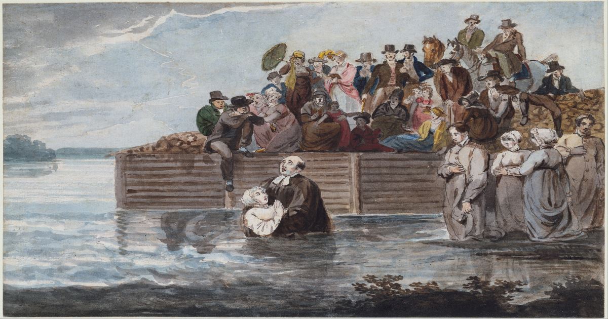 An artist's interpretation of the Anabaptists' adult baptisms. 