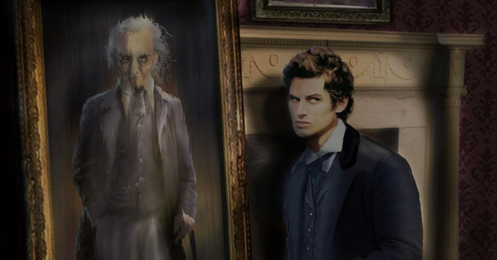The infamous supernatural portrait of Dorian Gray that highlights a youthful man underneath a sinister guise.