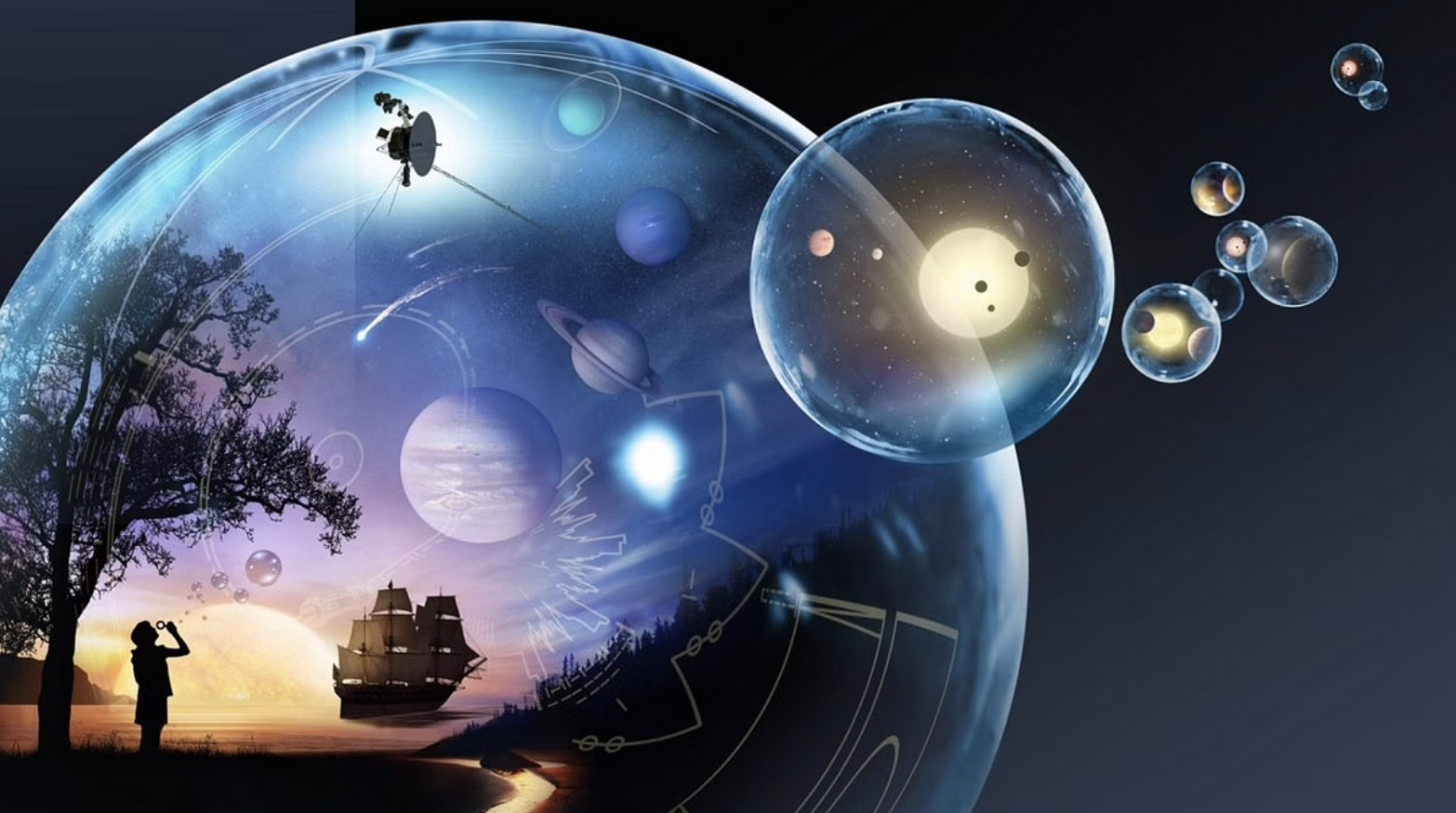 Person in fantasy image looking at a bubble world in space