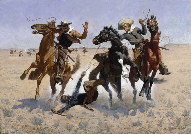 An artistic interpretation of cowboys rustling another in the Wild West