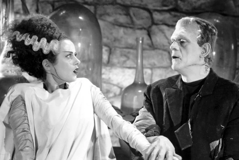 A black and white still from Bride of Frankenstein depicting the monster and his new bride.