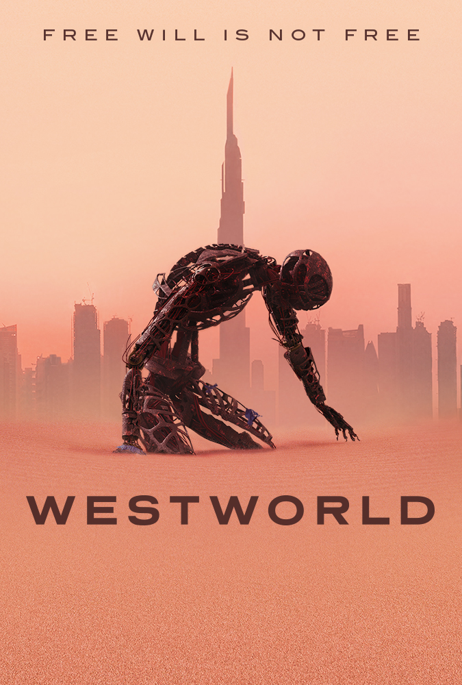 A poster for Westworld features a robot figure with a city skyline in the background.