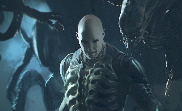 An alien lurks behind a humanoid figure in an image from the film Alien, which draws parallels of Frankenstein.
