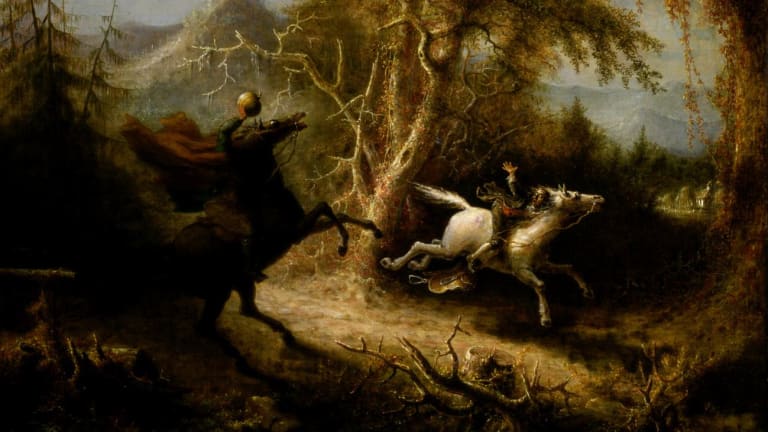 O ilustrație fermecătoare a celebrului călăreț fără cap din povestea lui Sleepy Hollow care îl urmărește pe protagonistul Ichabod Crane.