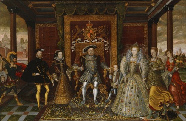 Et spændende og smukt malet portræt af forskellige generationer af Tudor-dynastiets medlemmer. Disse fotostil kan findes på forskellige museer og tidligere steder, hvor Henry VIII engang boede.