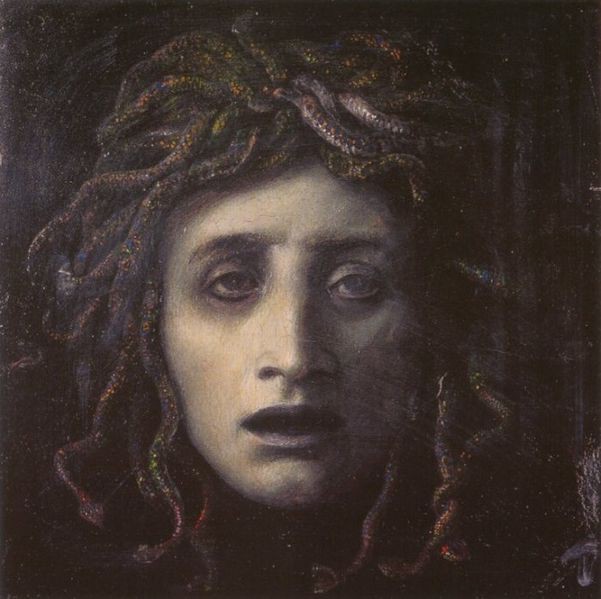 An artist's interpretation of one of the misunderstood myths, Medusa, and her hair of snakes.