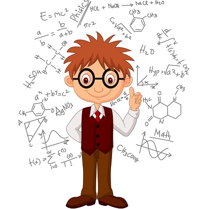 cartoon of a Nerdy boy wearing a suit and glasses. Surrounded by math formuli that show how smart he is. Can be Einstien or Newton as reference. 