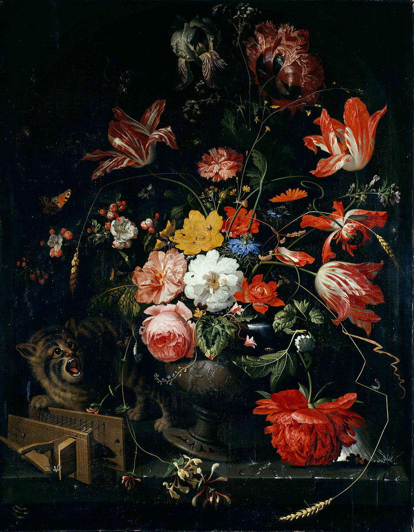 A Dutch flower painting, featuring a large vase of multicolored flowers is knocked over by a cat, who is leaning against a mousetrap to the left of the painting
