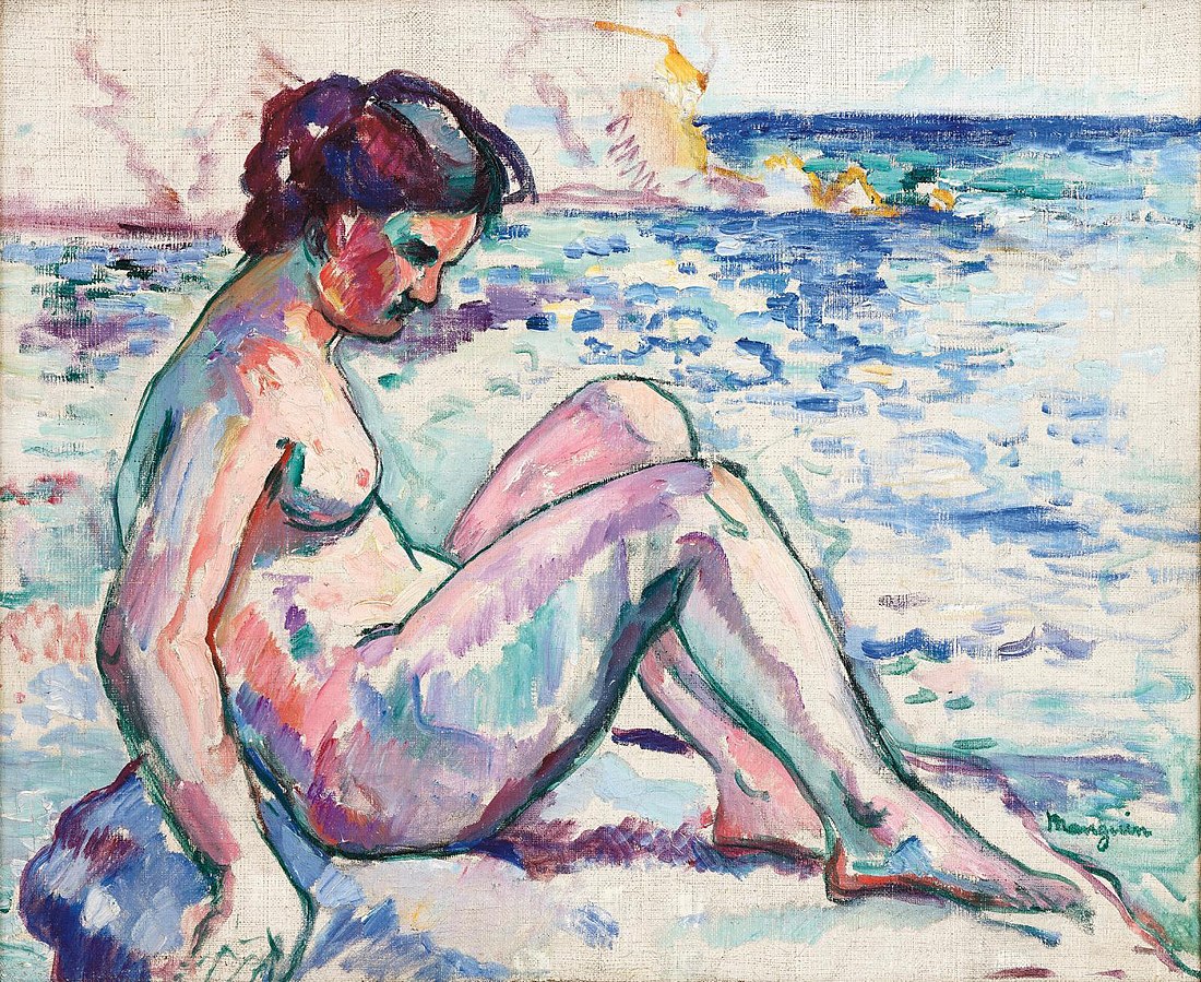 Colorful Fauvism painting of a woman sitting on a rock by the ocean