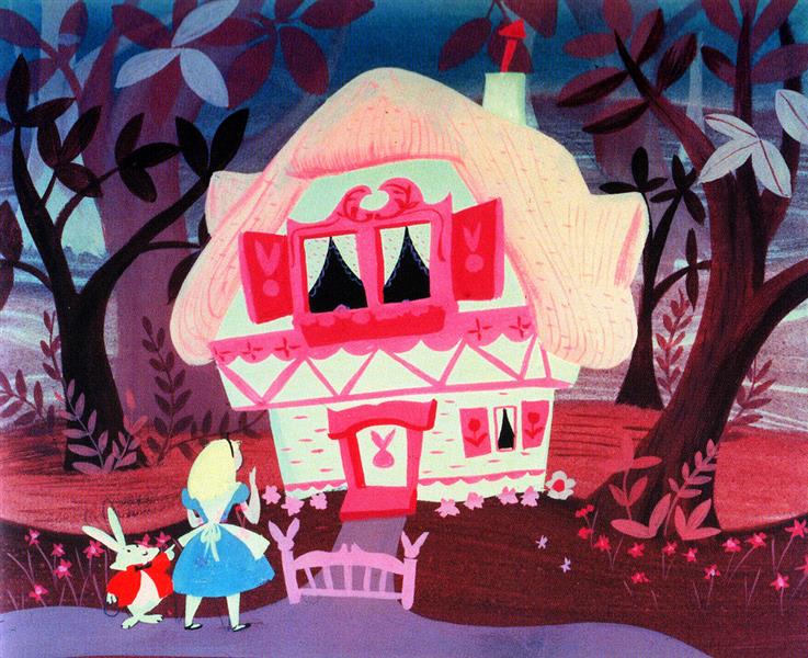 Mary Blair concept art of Alice in Wonderland, showing Alice and the White Rabbit standing in front of a bright pink and white cottage