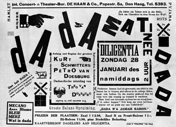 A poster advertising a Dada matinée. The image is in black and white.
