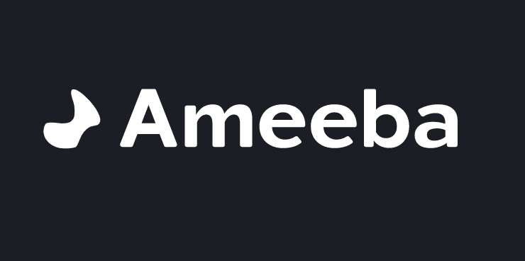 Ameeba text logo with image icon of amorphous Amoeboid like substance